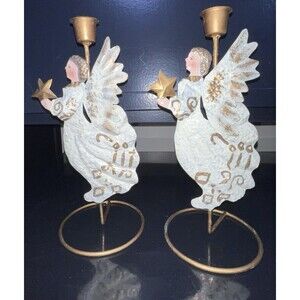 Candle Holders Set Of Two Angels Metal Distressed White Gold